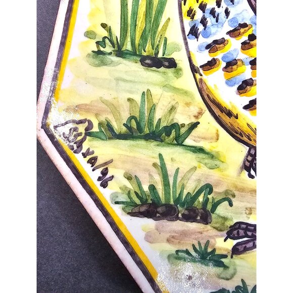 1996 Hand-Painted Ceramic Bird Set Of 2 Octagonal Cork Back Signed Art 6x6 - Picture 3 of 8